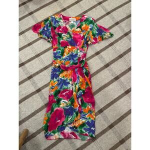 Vintage Barbara Barbara Calif Faux Wrap Dress Floral Midi 10 Pink Hawaiian